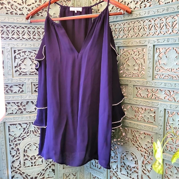 Parker | Silk Women's Cold Shoulder Ruffle 3/4 Sleeve Blouse | Navy Blue | Large - Picture 7 of 12